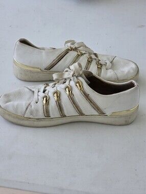 Michael Kors White Leather Zip Lace Up Sneakers Women's US 8.5M Gold Shoes